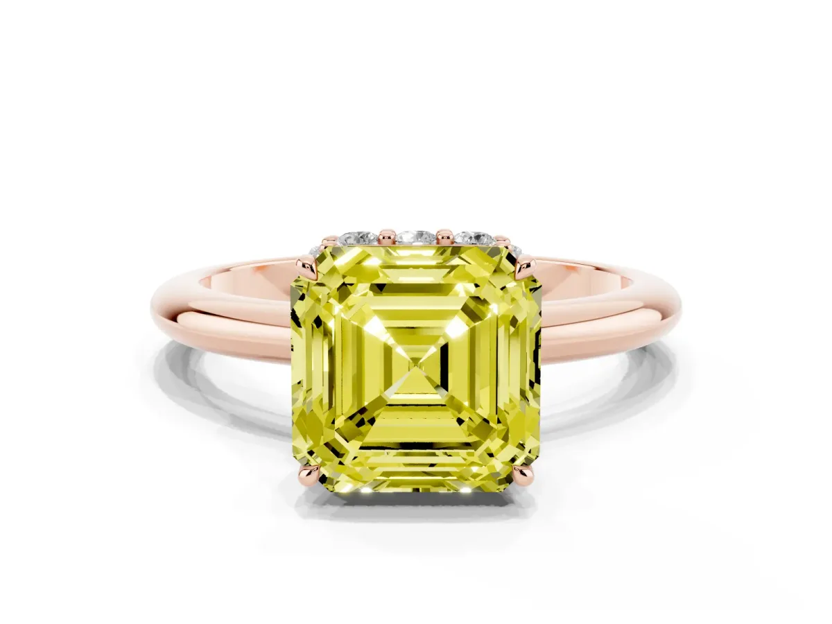 Fancy Yellow Asscher Cut Brilliant Solitaire Engagement Ring with Six-Prong Setting and Classic Band Rose gold