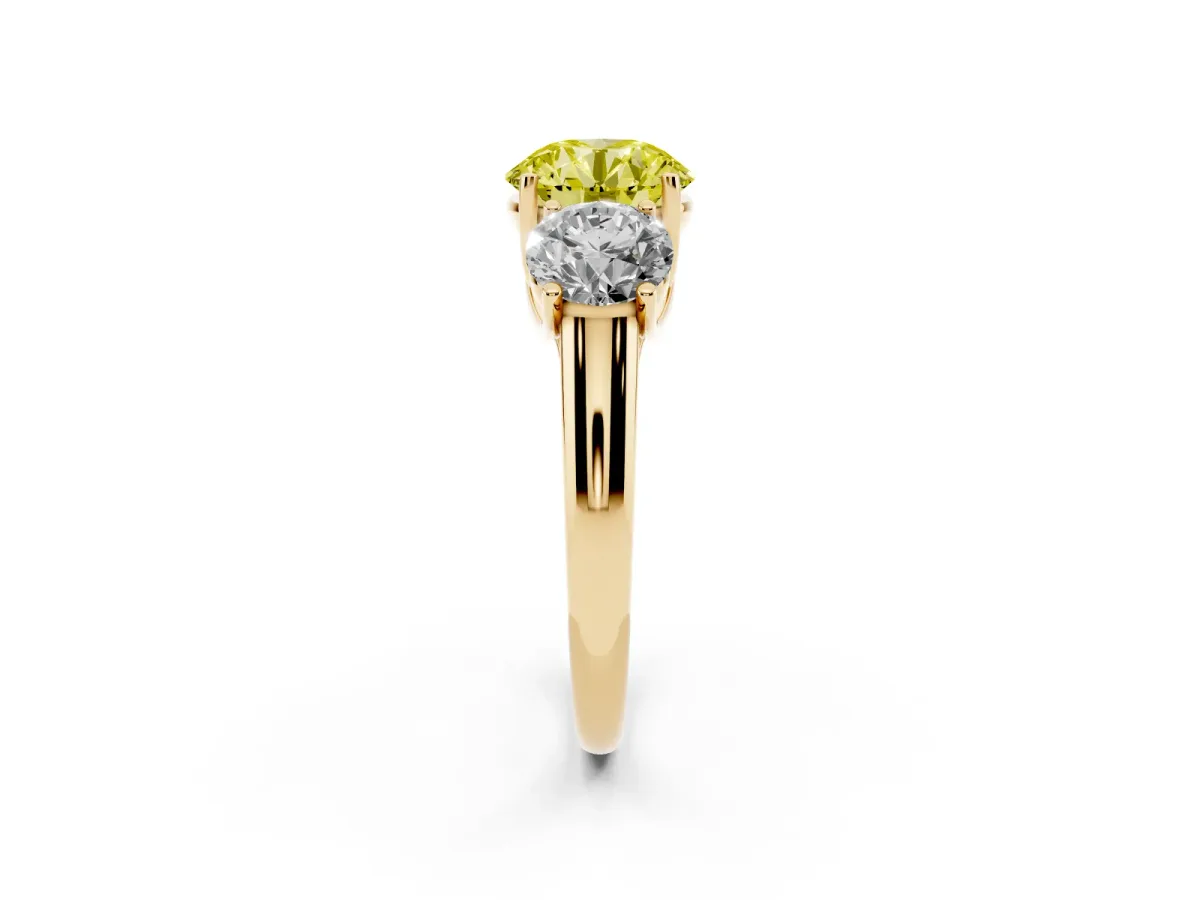 Fancy Yellow Three-Stone Round Cut Diamond Engagement Ring with Prong Setting Yellow gold