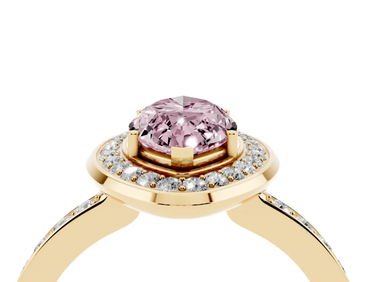 Fancy Pink Marquise Cut Diamond Halo Ring with Bezel Frame and Pavé Band Yellow gold