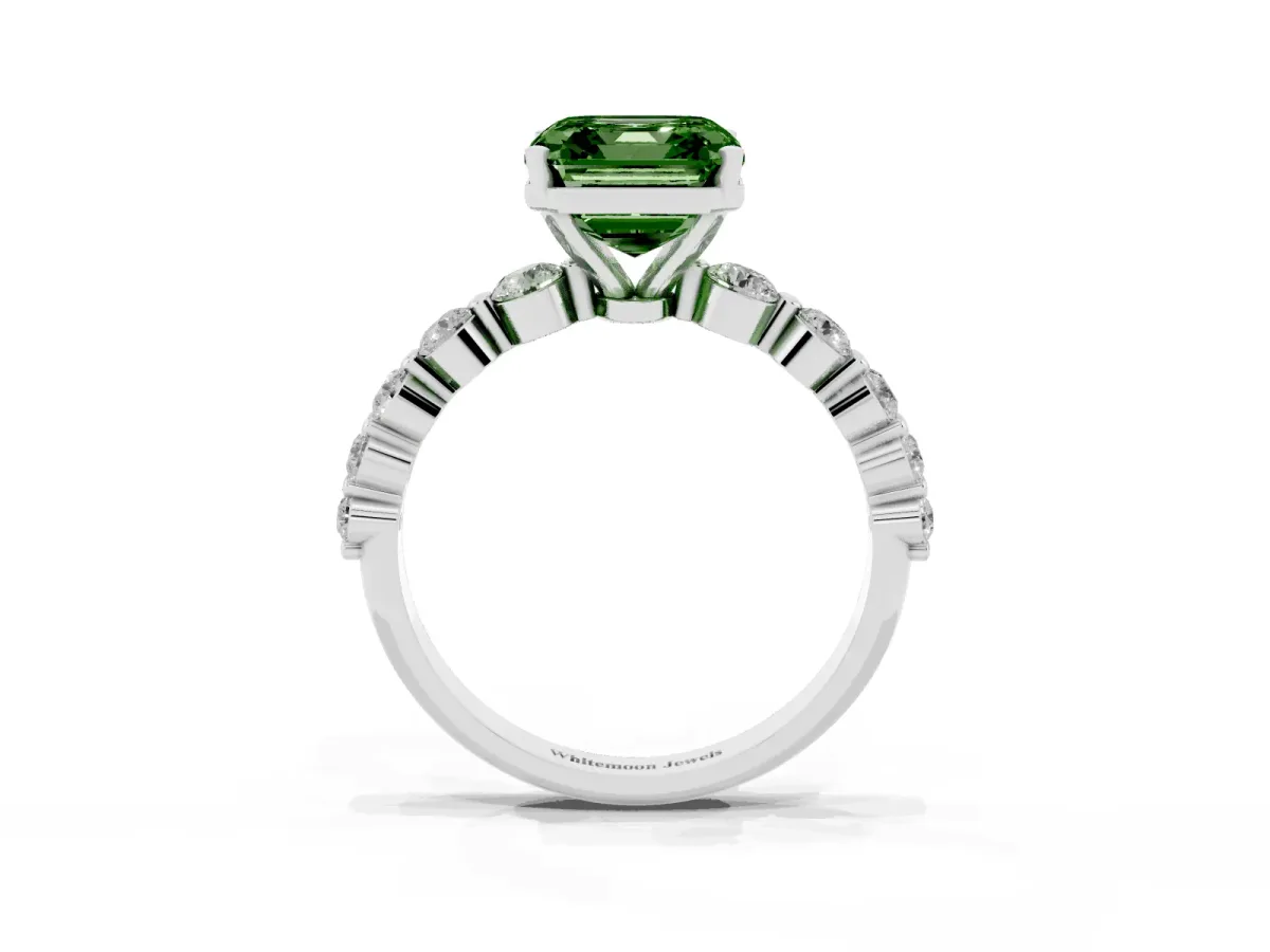 Fancy Green Asscher Cut Solitaire Diamond Ring with Pave Band and Four-Prong Setting Silver
