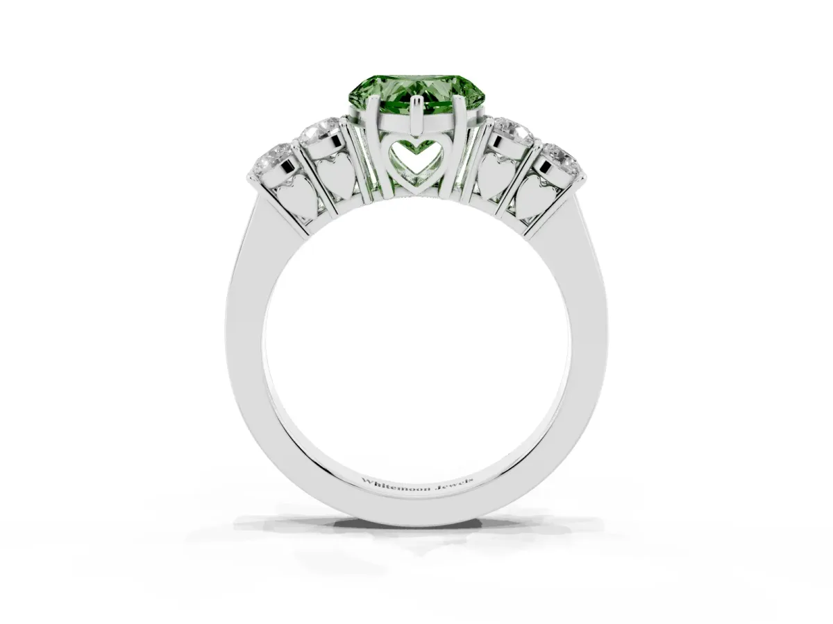 Fancy Green Heart Cut Cut Diamond Five-Stone Prong Set White Gold Ring Silver