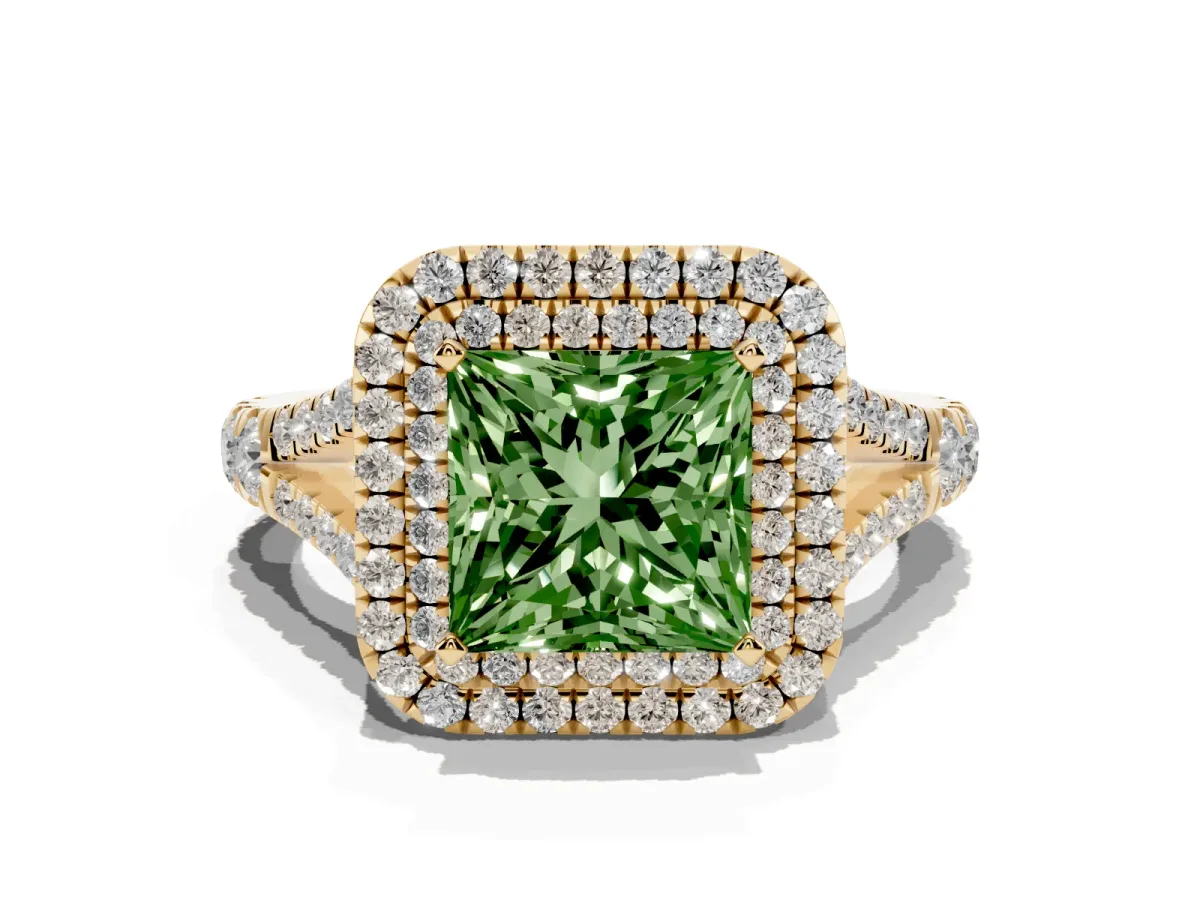 Fancy Green Princess Cut Cut Double Halo Split Shank Diamond Ring with Prong Setting Yellow gold
