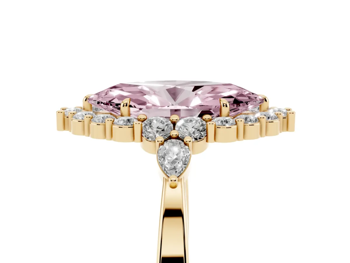 Fancy Pink Marquise Cut Diamond Halo Ring with Pear Side Stones and Prong Setting Yellow gold