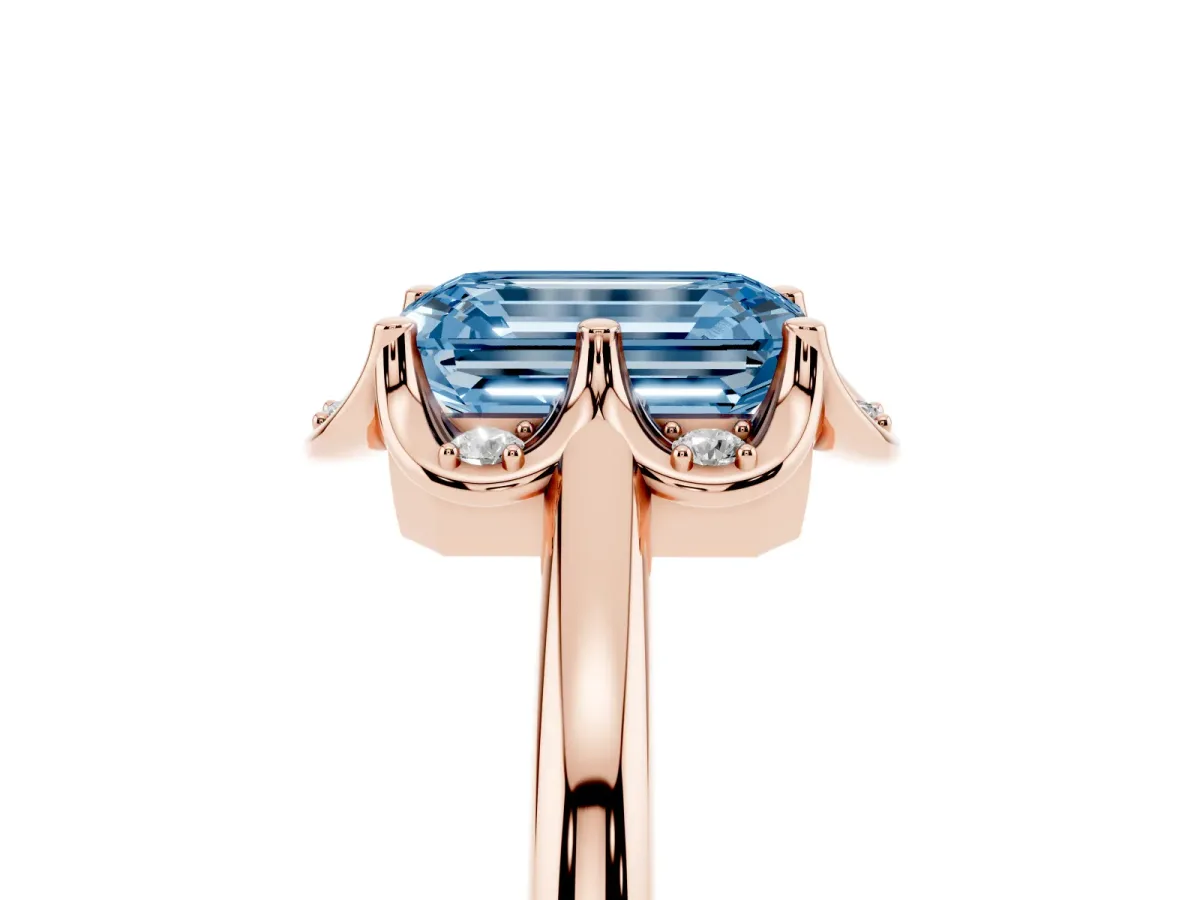 Fancy Blue Emerald Cut Halo Diamond Ring with Round Cluster Setting, Solitaire Band, and Four-Prong Setting Rose gold