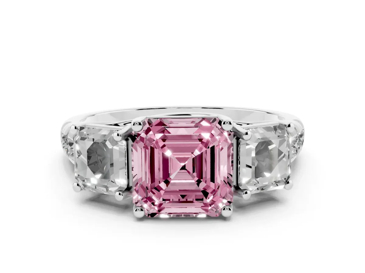 Fancy Pink Three-Stone Asscher Cut Diamond Pavé Band with Prong Setting Platinum
