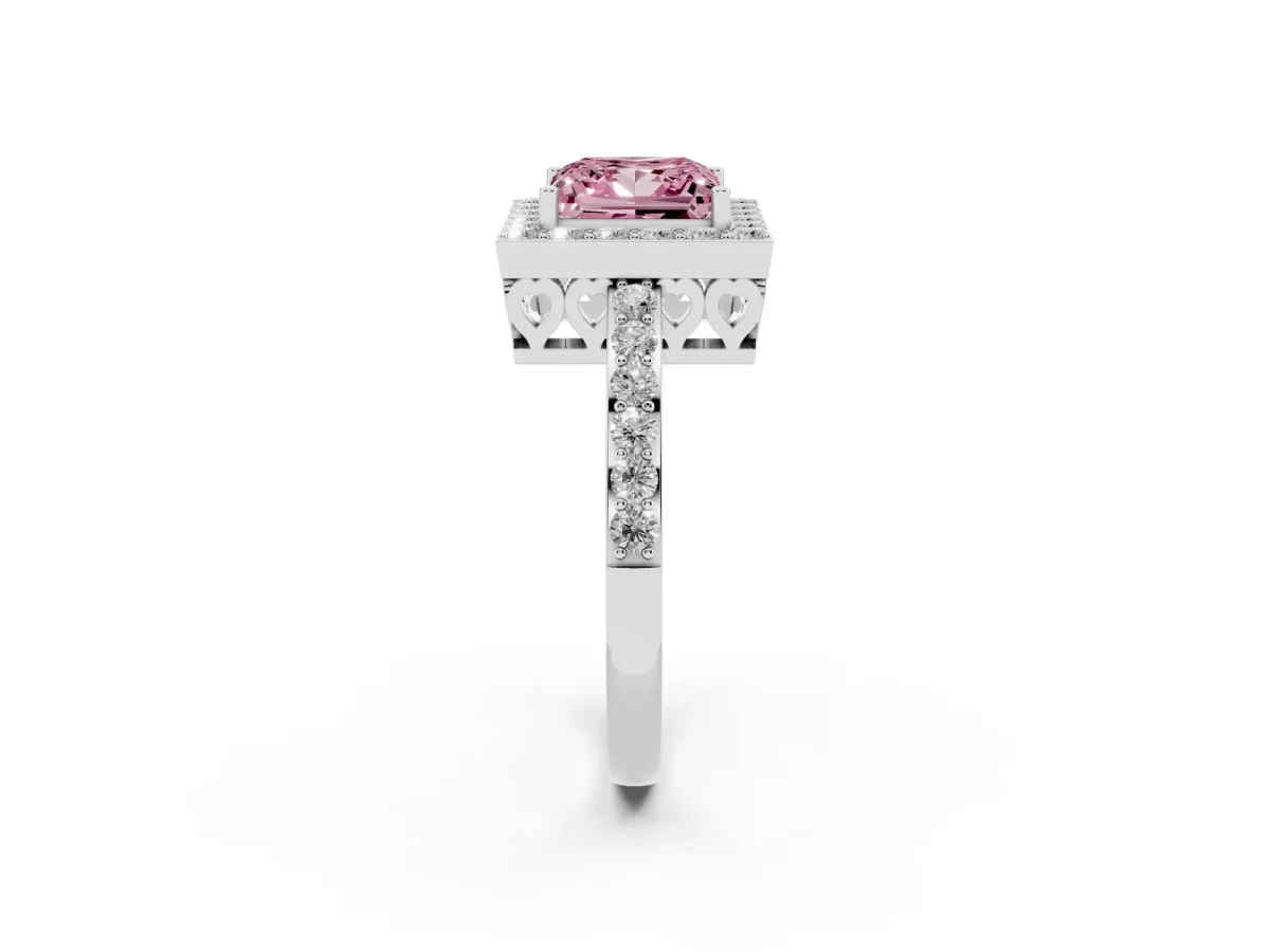 Fancy Pink Princess Cut Halo Diamond Pavé Band Ring with Prong Setting Silver
