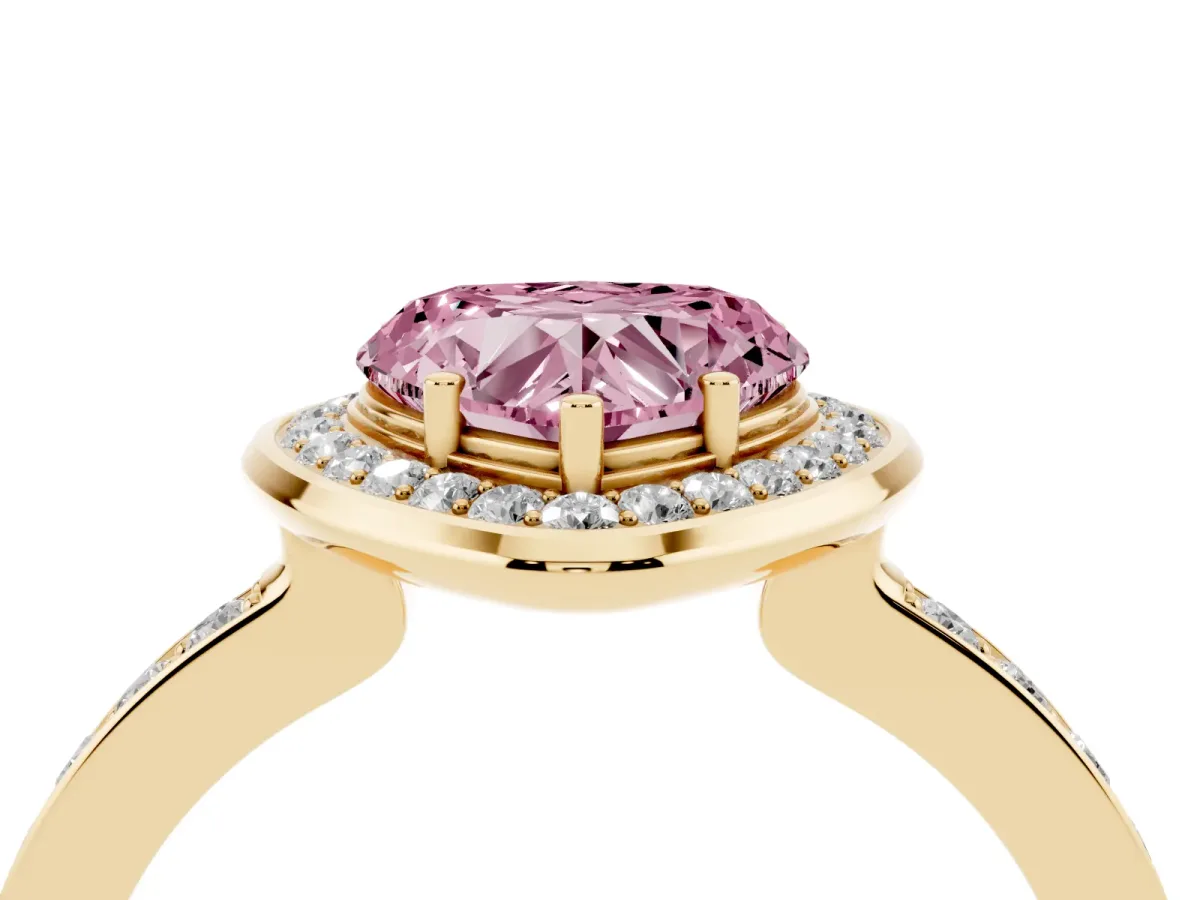 Fancy Pink Heart Cut Diamond Halo Ring with Bezel Frame and Pavé Band Yellow gold