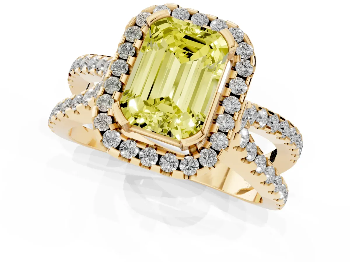 Fancy Yellow Emerald Cut Diamond Halo Ring with Split Shank Pavé Band and Prong Setting Yellow gold