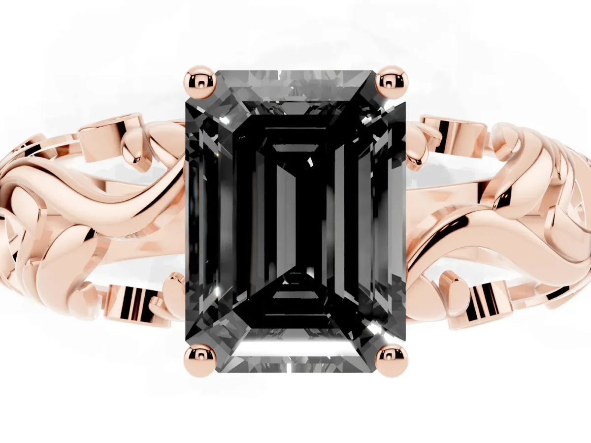 Fancy Black Emerald Cut Solitaire Diamond Leaf-Inspired Vine Band Ring with Prong Setting Rose gold