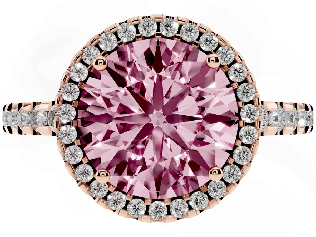 Fancy Pink Round Cut Diamond Halo Engagement Ring with Pavé Band and Prong Setting Rose gold