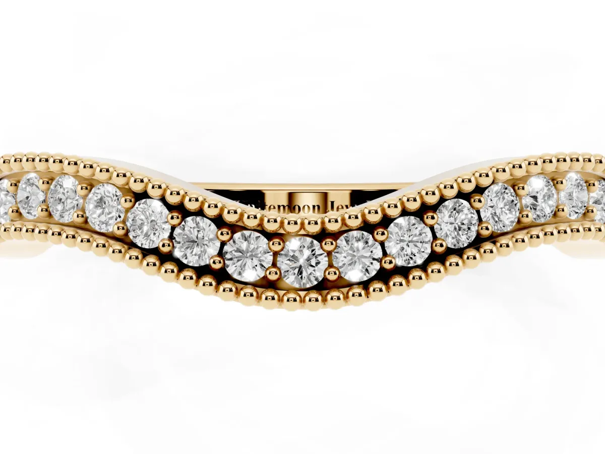 Pavé Round Diamond Curved Milgrain Band Yellow gold