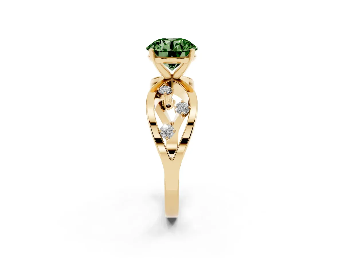 Fancy Green Round Cut Cut Solitaire Diamond with Side Stones on Criss-Cross Band and Four-Prong Setting Yellow gold