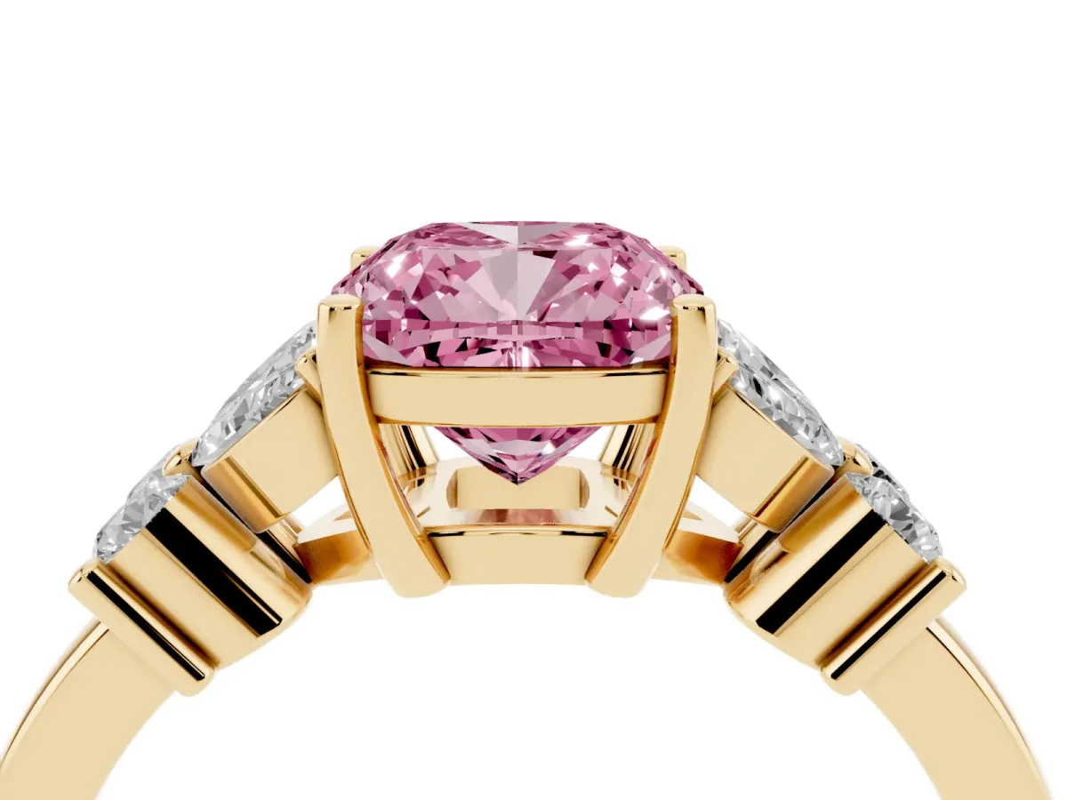 Fancy Pink Cushion Cut Diamond Floral Cluster Ring with Solitaire Band and Prong Setting Yellow gold
