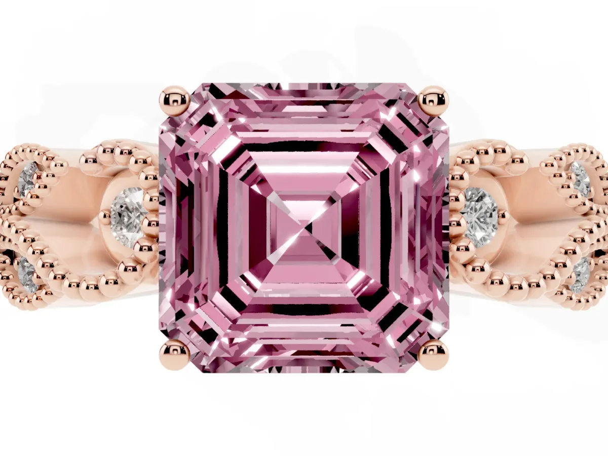 Fancy Pink Asscher Cut Solitaire Milgrain Leaf Band with Prong Setting Rose gold