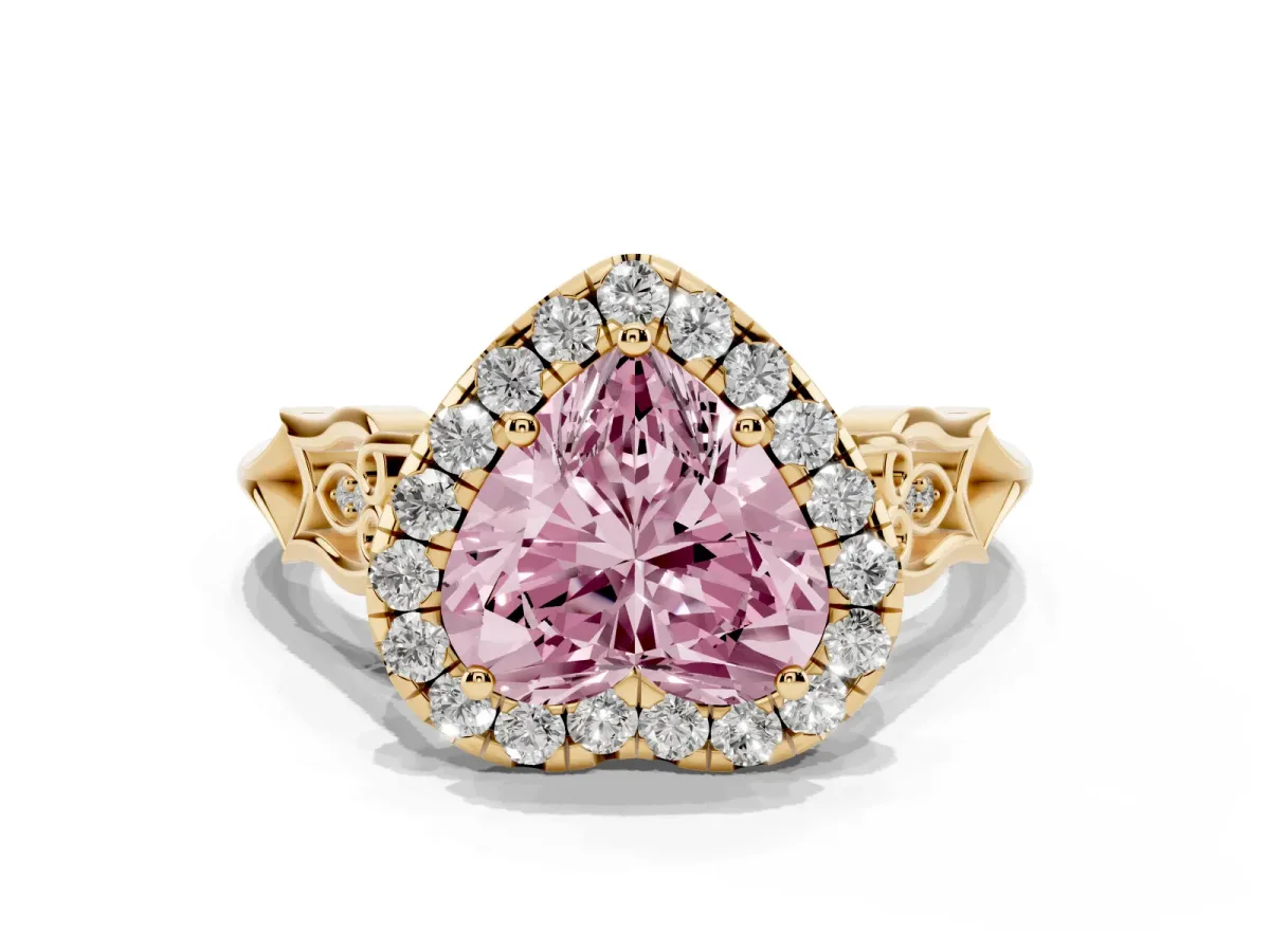 Fancy Pink Heart Cut Halo Diamond Engagement Ring with Filigree Band and Four-Prong Setting Yellow gold