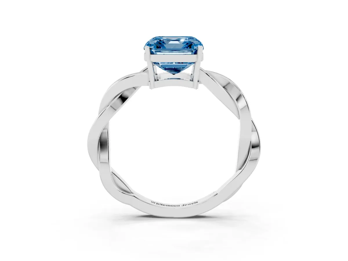Fancy Blue Asscher Cut Solitaire Twisted Pave Diamond Ring with Four-Prong Setting Silver
