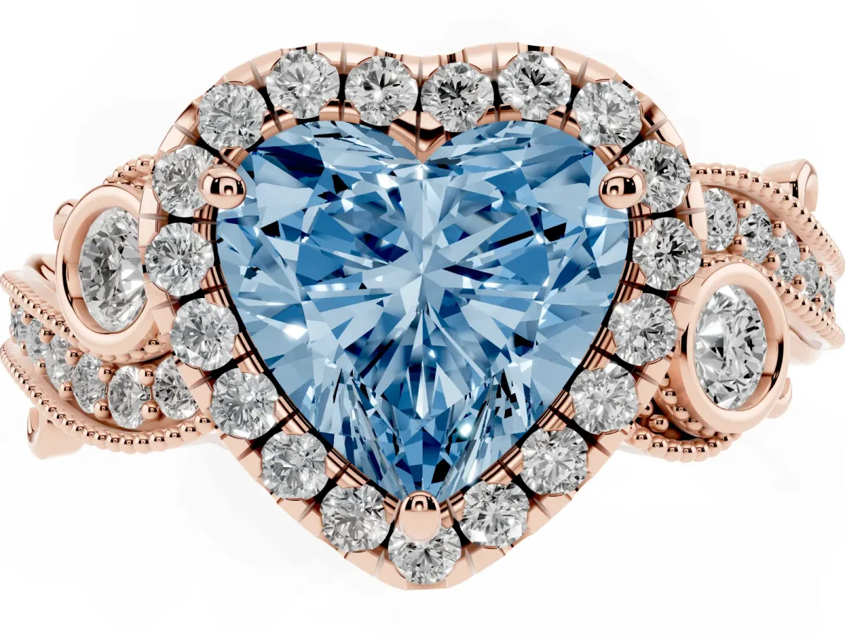 Fancy Blue Heart Cut Halo Diamond Ring with Milgrain and Bezel Accents on a Split Shank Band Rose gold