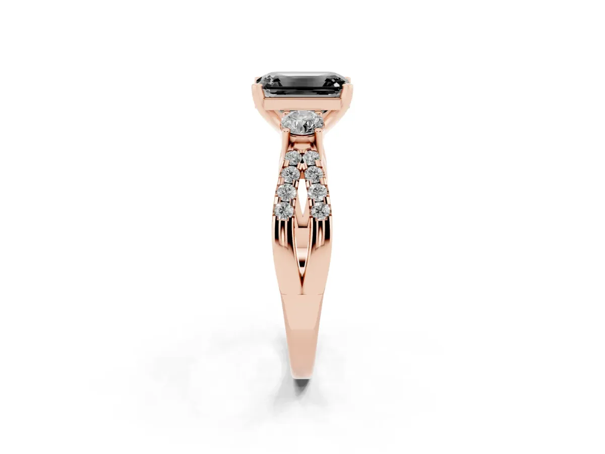 Fancy Black Emerald Cut Diamond Three-Stone Ring with Pavé Split Shank and Four-Prong Setting Rose gold