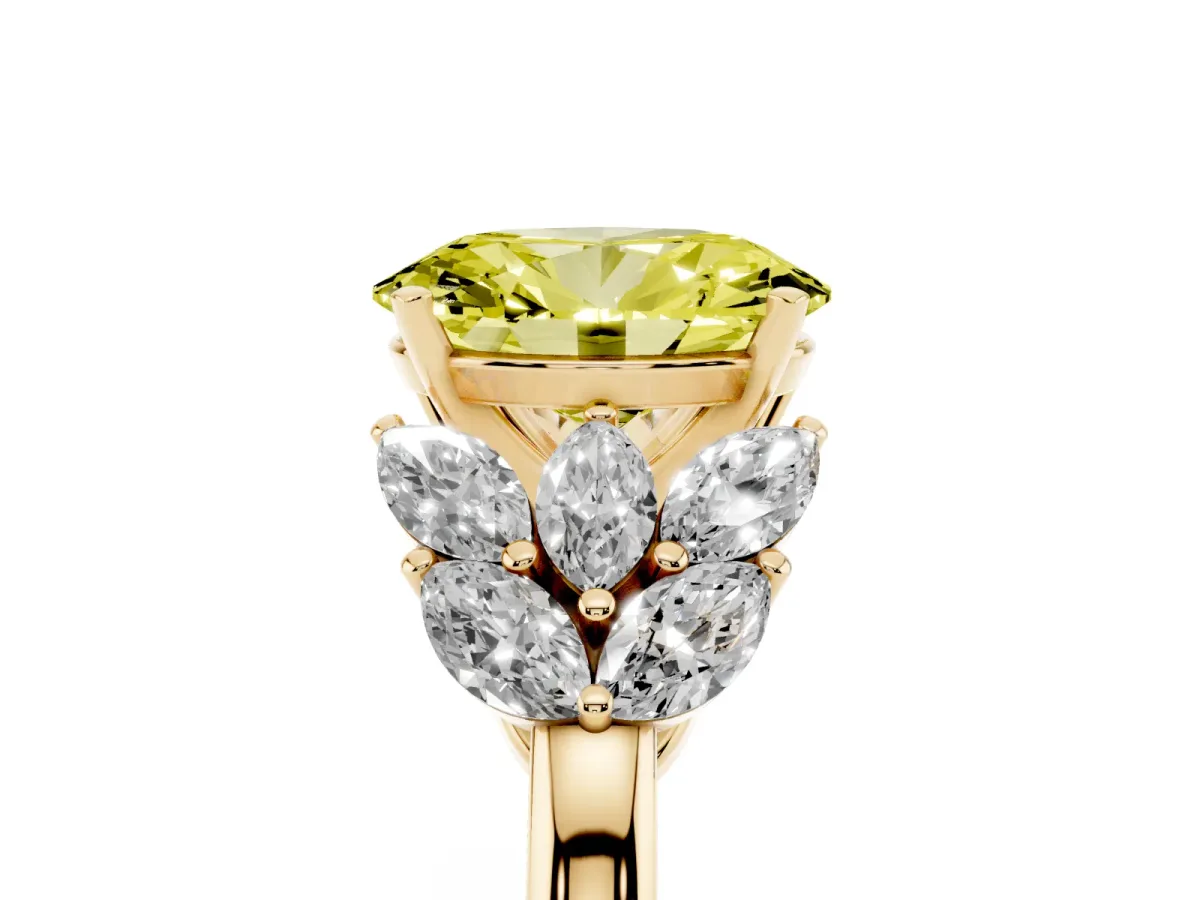 Fancy Yellow Oval Cut Diamond Cluster Leaf Design Ring with Prong Setting Yellow gold
