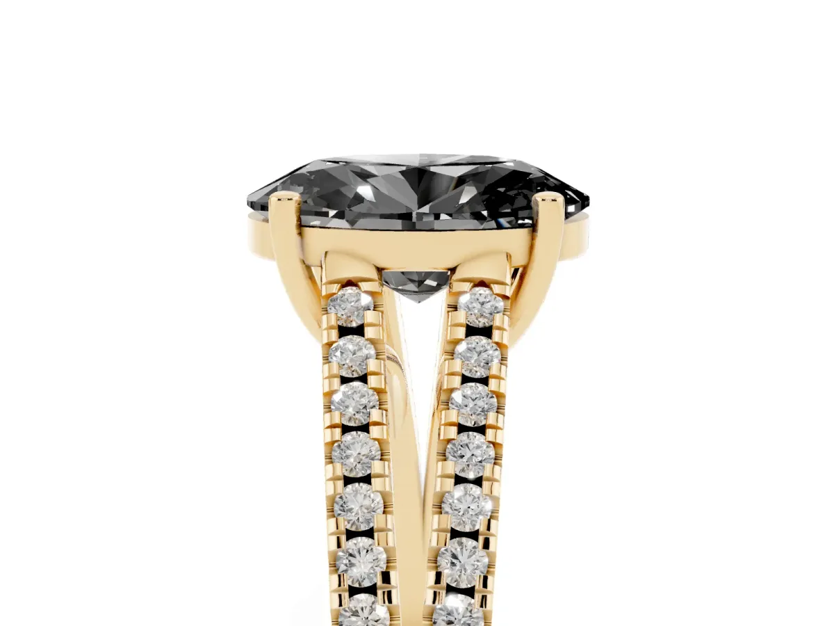 Fancy Black Oval Cut Diamond Solitaire Engagement Ring with Split Shank Pavé Band Yellow gold