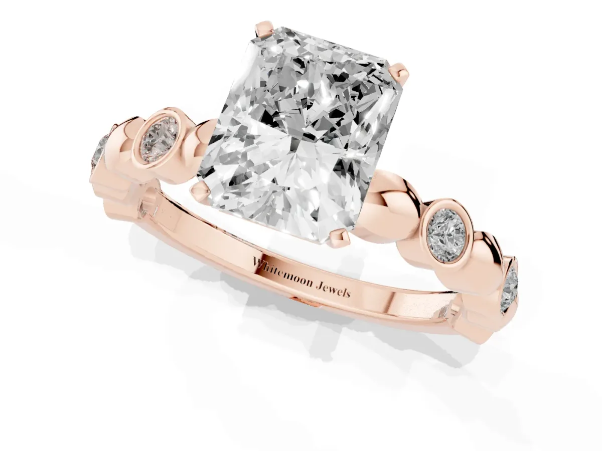 Radiant Cut Solitaire Bezel-Set Diamond Ring with Beaded Band and Four-Prong Setting Rose gold