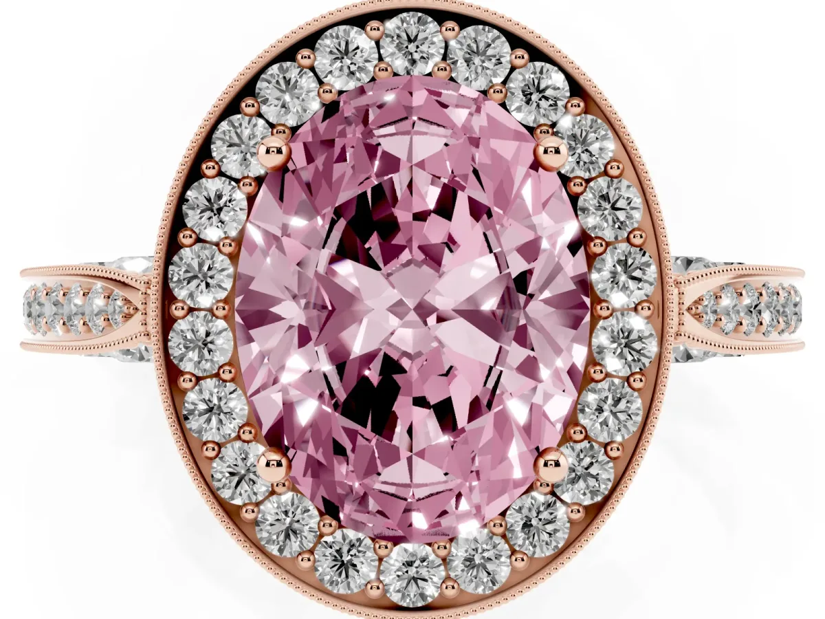Fancy Pink Oval Cut Halo Diamond Engagement Ring with Split Shank Band and Four-Prong Setting Rose gold