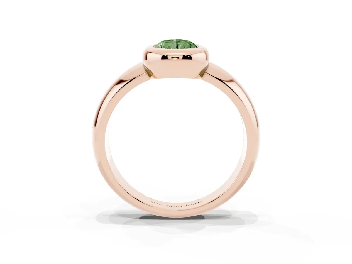 Fancy Green Bezel Set Pear Cut Solitaire Ring with Wide Band Rose gold