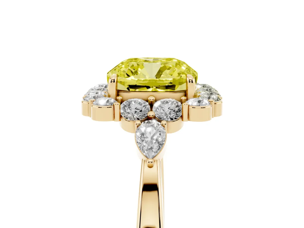 Fancy Yellow Cushion Cut Diamond Halo Ring with Pear Side Stones and Prong Setting Yellow gold