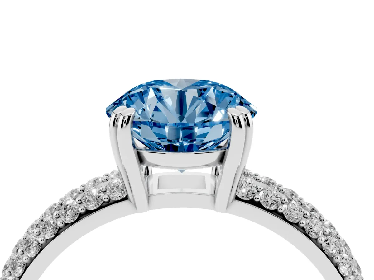 Fancy Blue Round Cut Diamond Solitaire Ring with Multi-Row Round Pavé Band and Prong Setting Silver