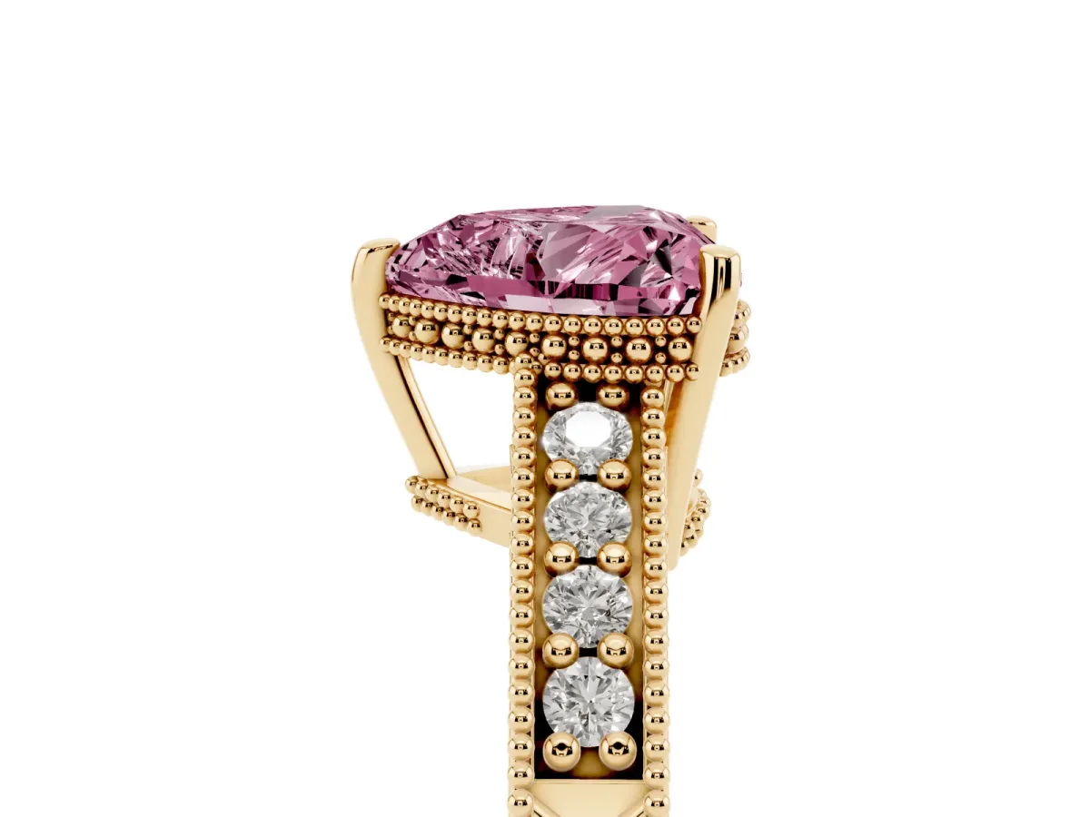 Fancy Pink Heart Cut Solitaire Pavé Diamond Milgrain Engagement Ring with Four-Prong Setting Yellow gold