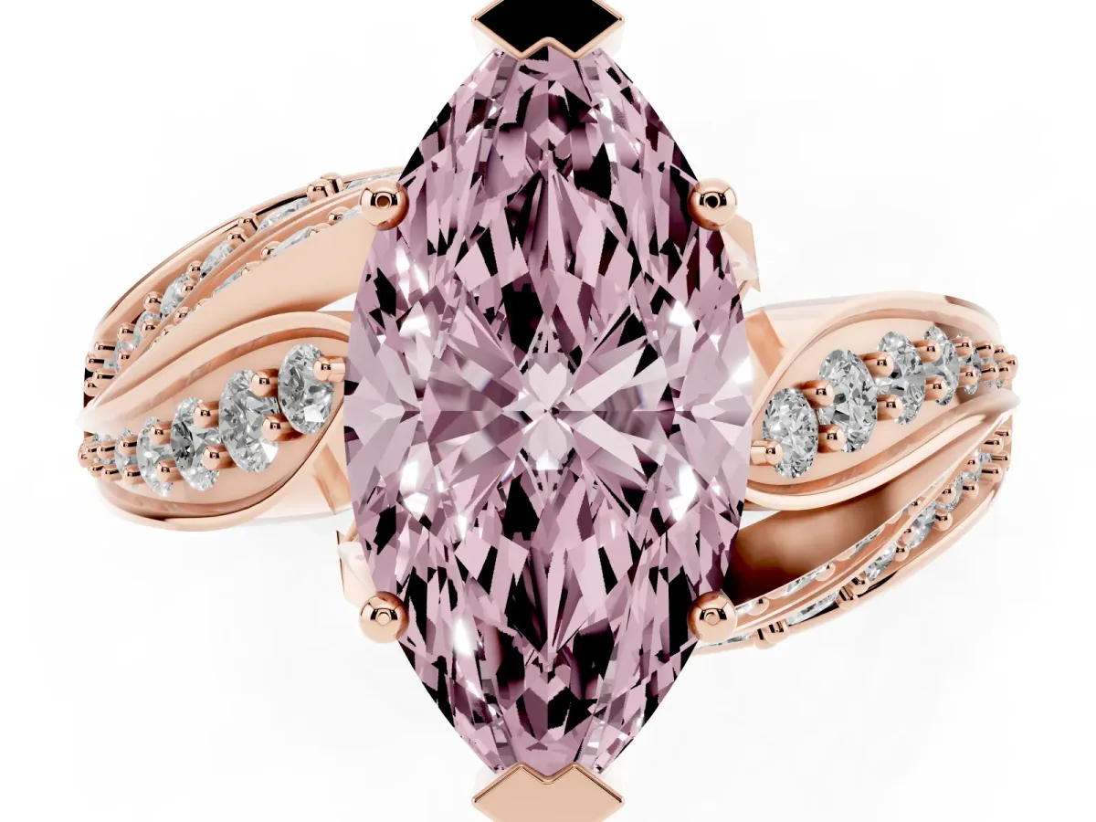 Fancy Pink Marquise Cut Diamond Solitaire Ring with Prong Setting and Twisted Pavé Band Rose gold