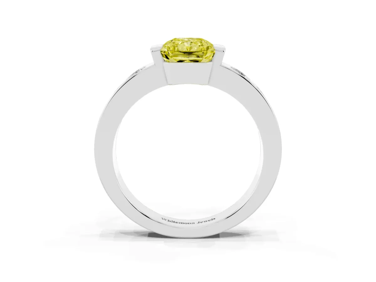 Fancy Yellow Radiant Cut Brilliant Channel-Set Diamond Ring with Bezel Prong Setting Silver