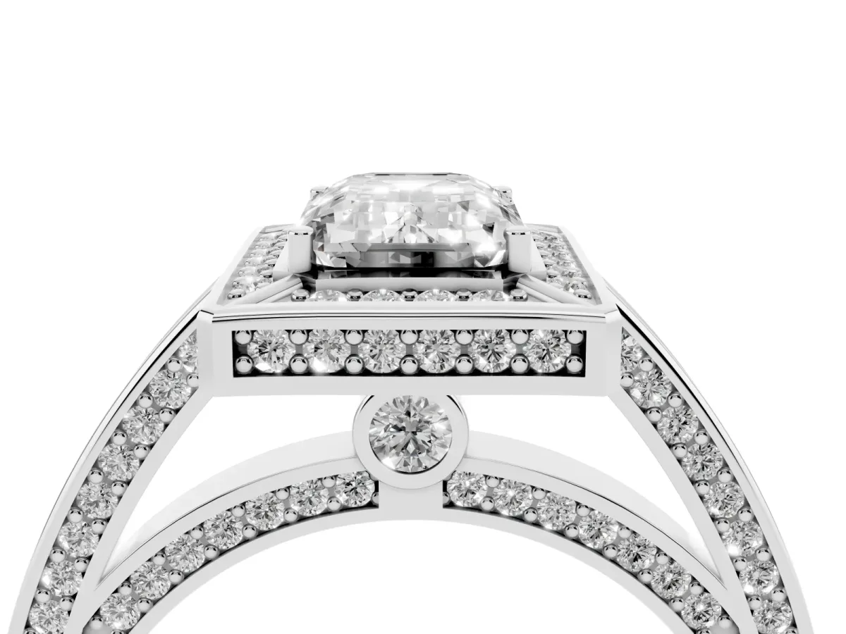 Emerald Cut Cut Halo Pave Split Shank Prong Setting Ring Silver