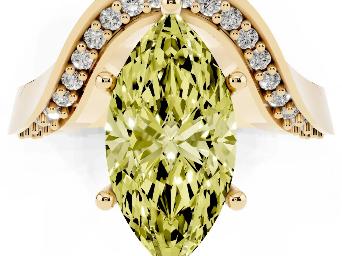 Fancy Yellow Marquise Cut Solitaire Diamond Engagement Ring with Pave Band and Four-Prong Setting Yellow gold