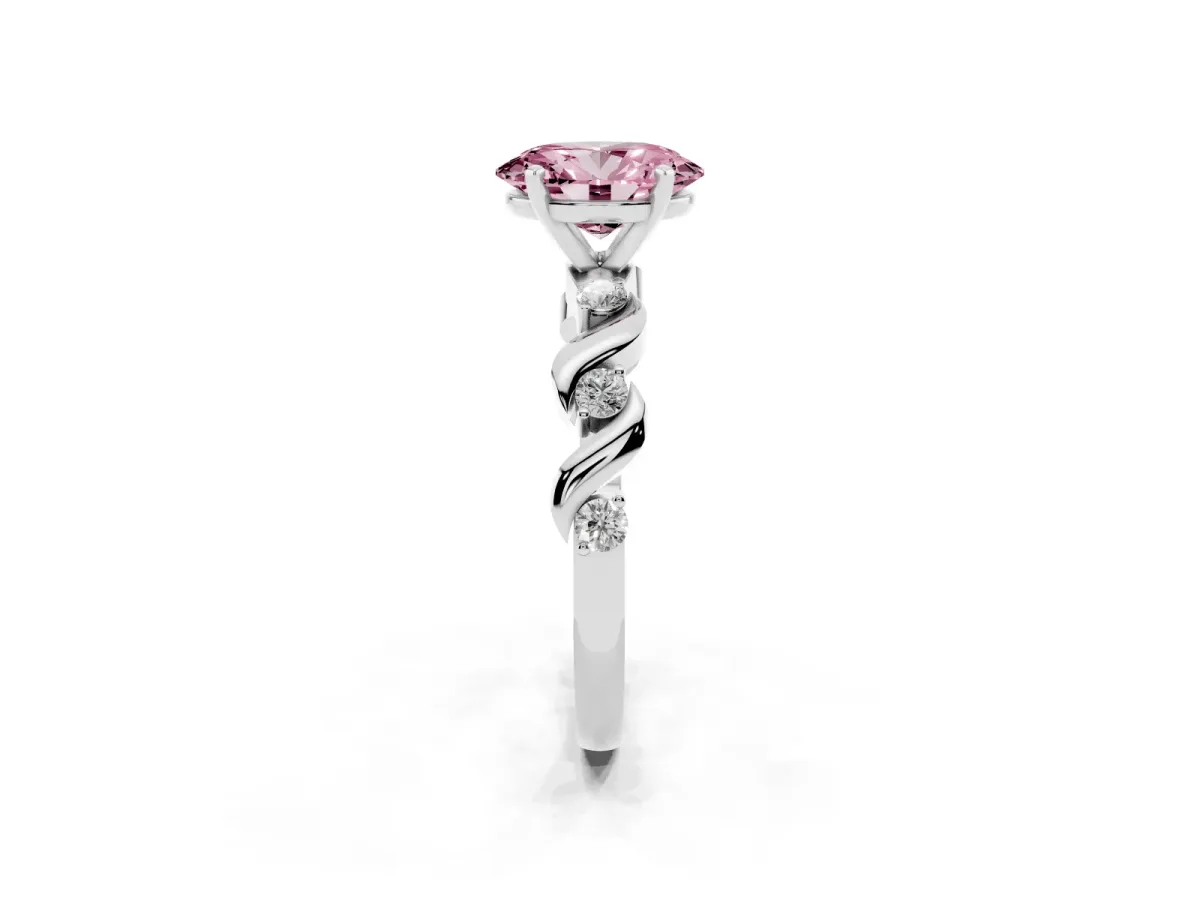 Fancy Pink Oval Cut Diamond Solitaire Twisted Band with Round Accents and Prong Setting Silver