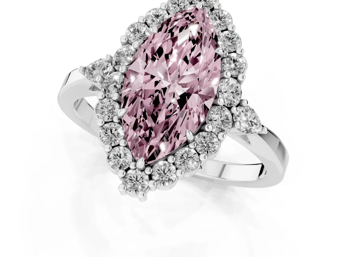 Fancy Pink Marquise Cut Diamond Halo Ring with Pear Side Stones and Prong Setting Silver