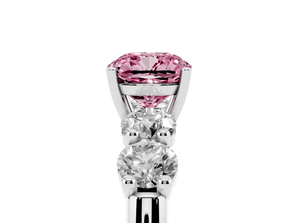 Fancy Pink Cushion Cut Cut Five-Stone Prong Set Diamond Ring with Classic Band Silver