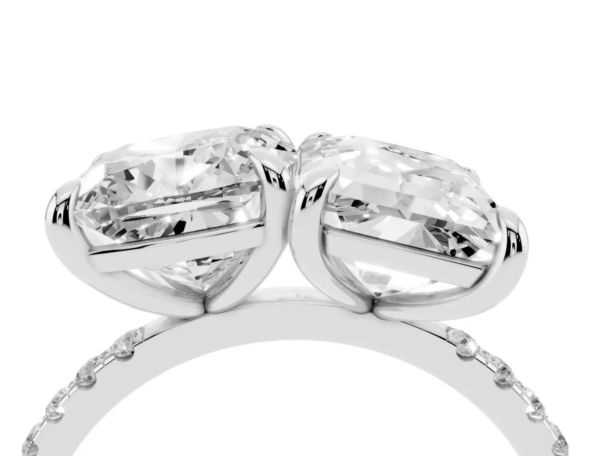 Cushion and Emerald Toi Moi Ring with Prong Setting and Micro Pave Band Platinum