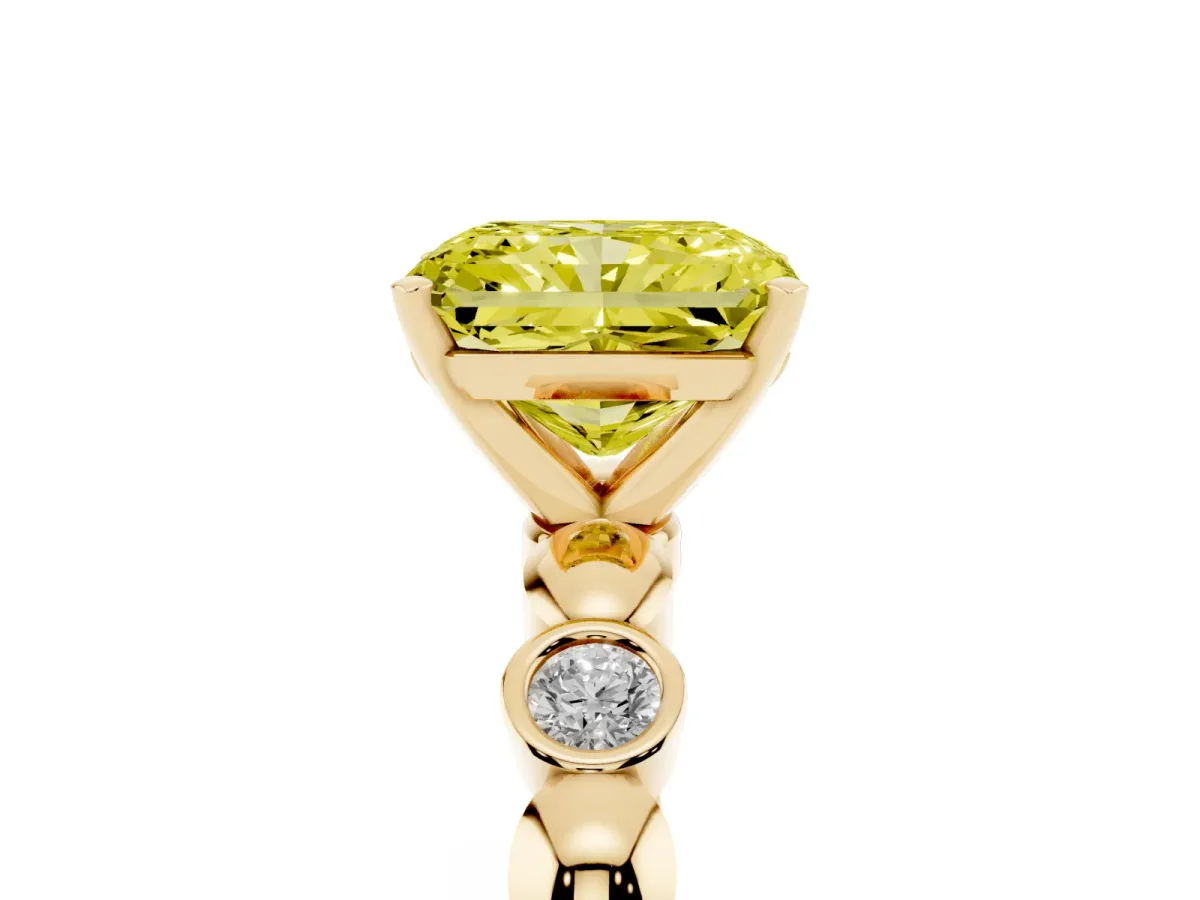 Fancy Yellow Radiant Cut Solitaire Bezel-Set Diamond Ring with Beaded Band and Four-Prong Setting Yellow gold