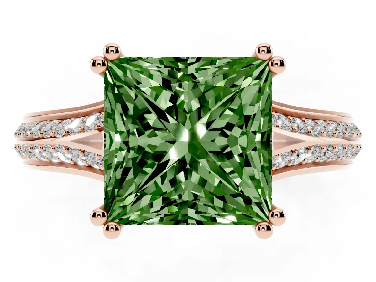 Fancy Green Princess Cut Diamond Split Shank Engagement Ring with Pavé Band Rose gold