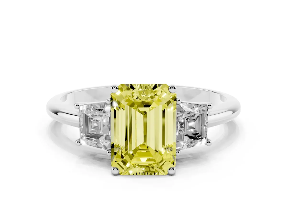 Fancy Yellow Emerald Cut Diamond Three-Stone Ring with Trapezoid Side Stones and Prong Setting Silver