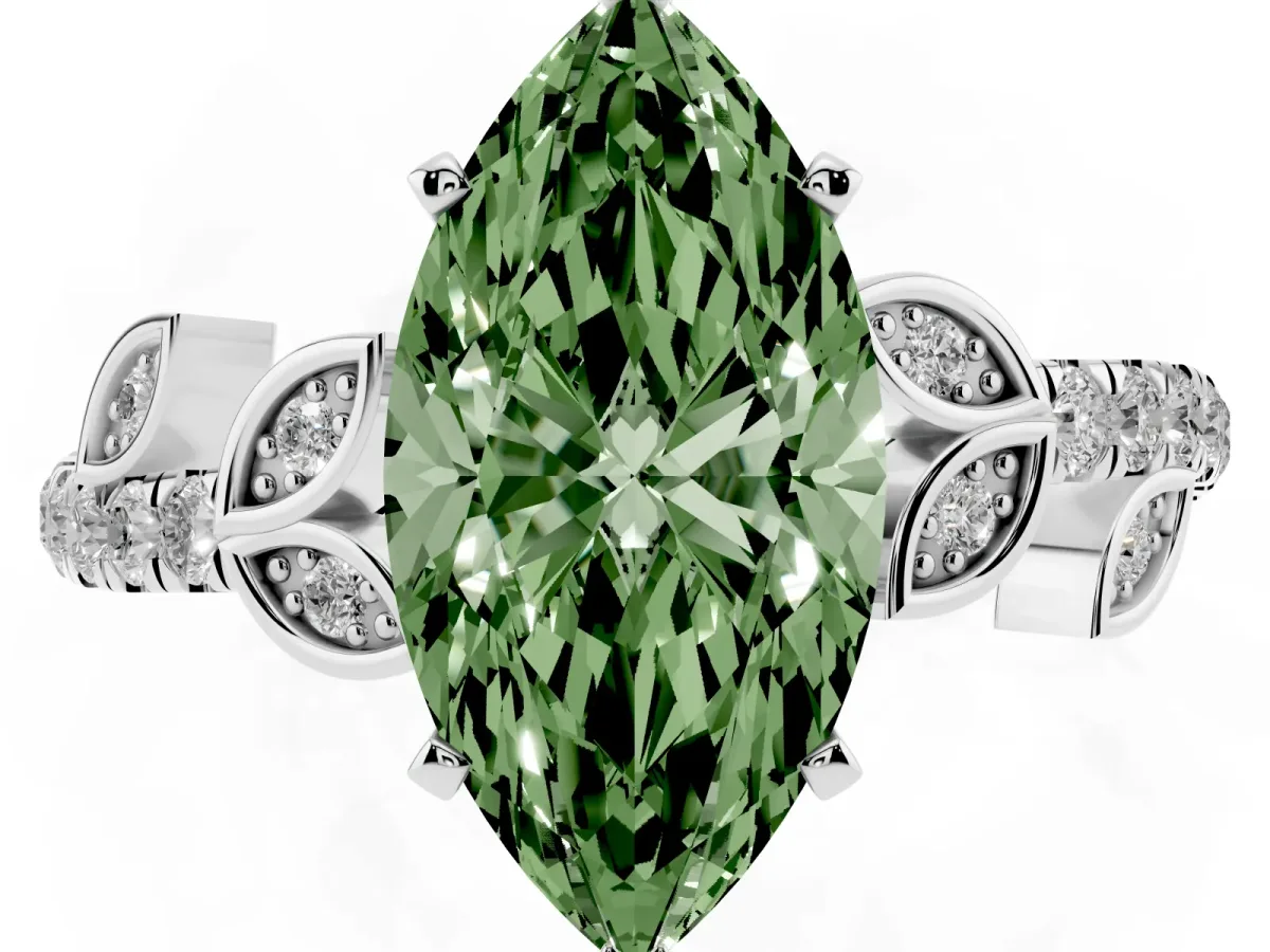 Fancy Green Marquise Cut Solitaire Leaf-Inspired Diamond Ring with Pavé Band and Four-Prong Setting Silver
