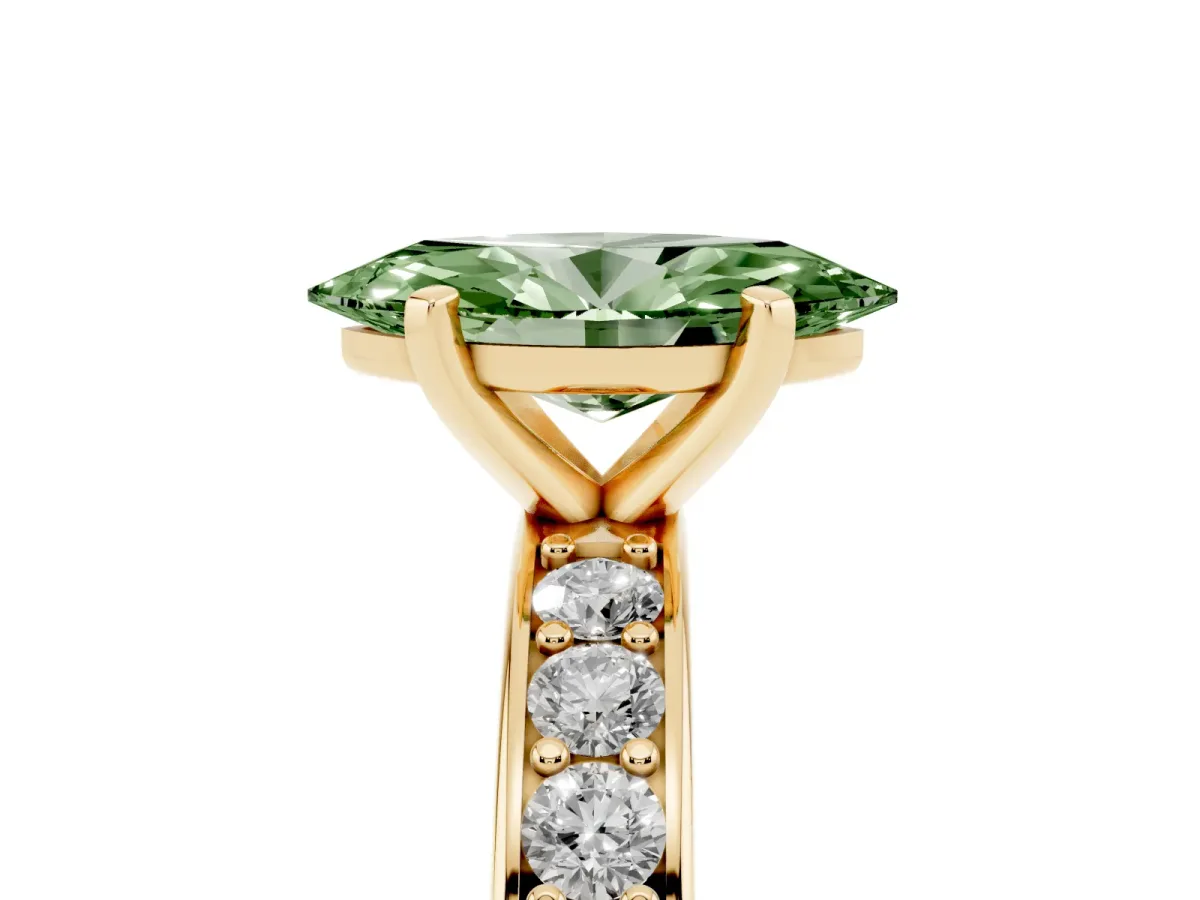Fancy Green Marquise Cut Diamond Engagement Ring with Channel Set Round Band and Prong Setting Yellow gold