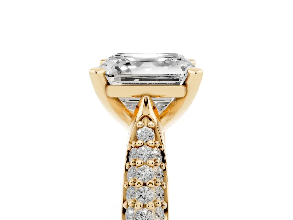 Asscher Cut Diamond Solitaire Engagement Ring with Multi-Row Round Pavé Band and Prong Setting Yellow gold