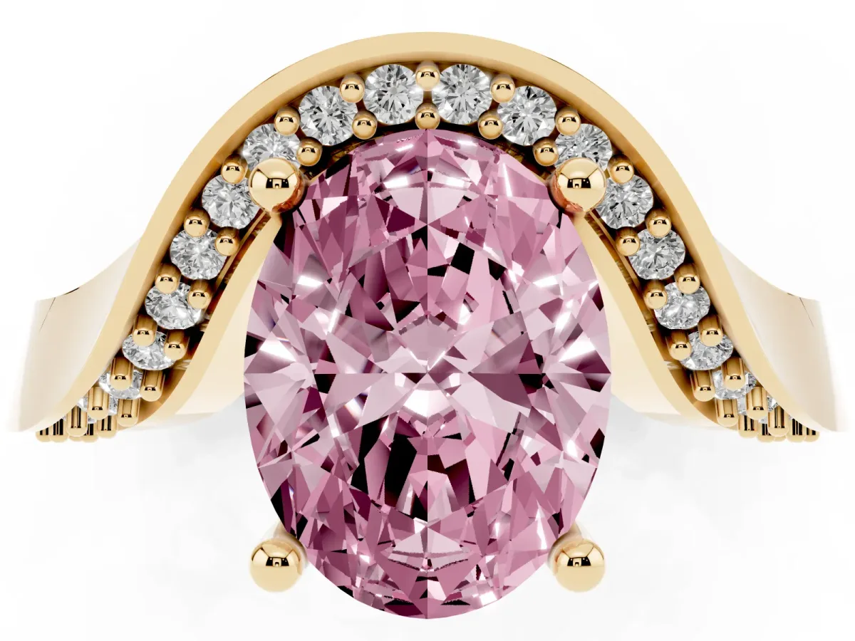 Fancy Pink Oval Cut Solitaire Diamond Engagement Ring with Pave Band and Four-Prong Setting Yellow gold