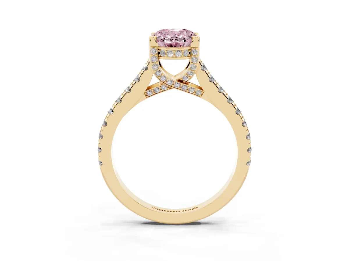 Fancy Pink Oval Cut Brilliant Diamond Solitaire with Pavé Band and Four-Prong Setting Yellow gold