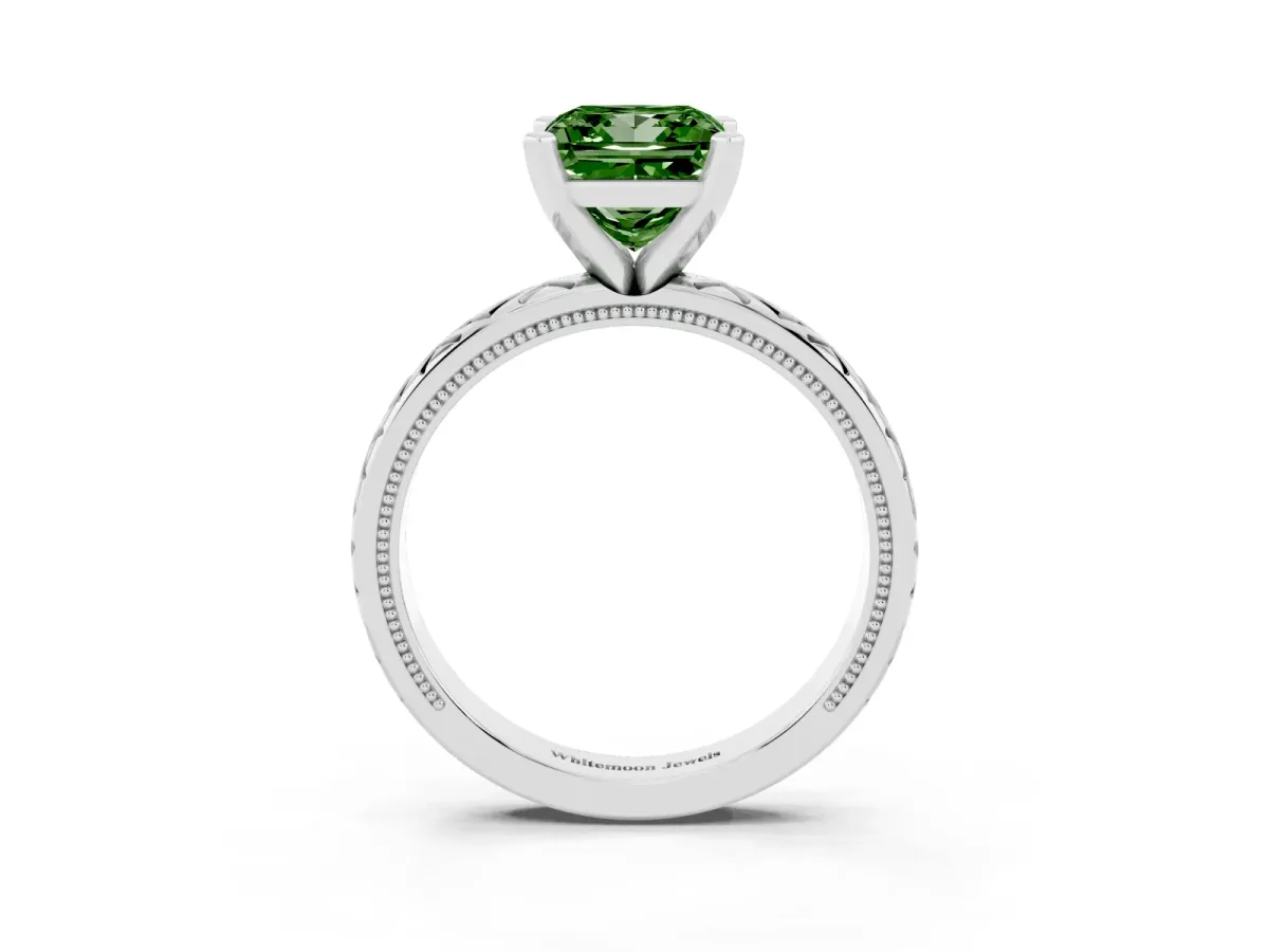 Fancy Green Princess Cut Solitaire Diamond Ring with Milgrain and Black Enamel X Pattern Band Silver
