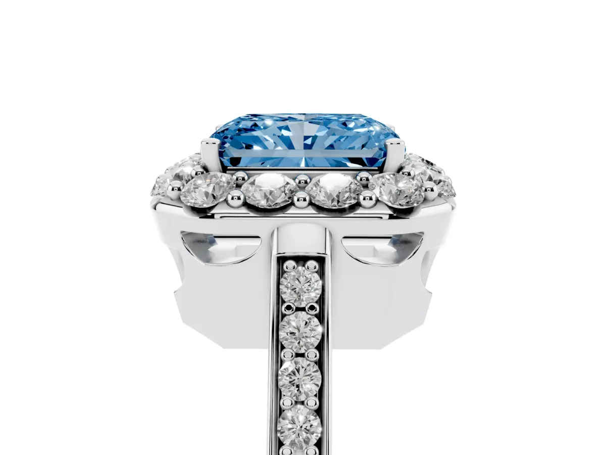 Fancy Blue Radiant Cut Diamond Floral Halo Ring with Pavé Band and Prong Setting White gold