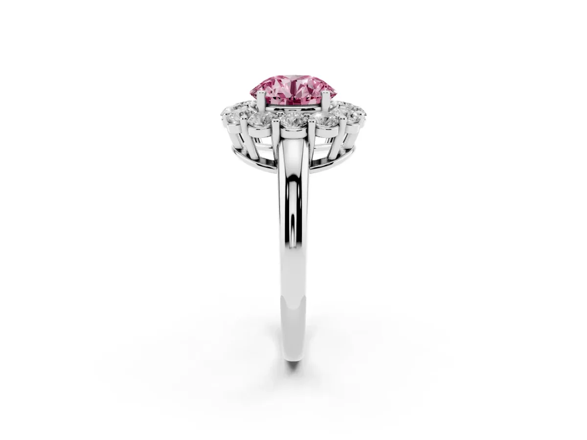 Fancy Pink Round Cut Halo Cluster Diamond Engagement Ring with Prong Setting and Polished Band White gold