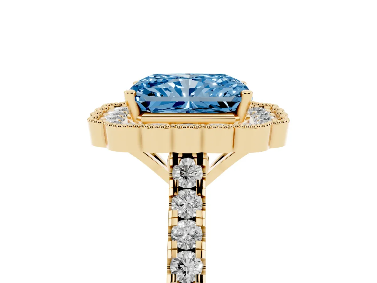 Fancy Blue Radiant Cut Cut Diamond Milgrain Floral Halo Engagement Ring with Pavé Band Yellow gold